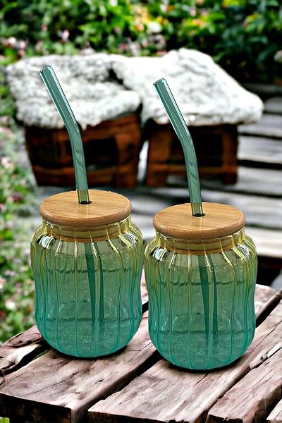 Rosemor 2-Piece Emerald Bamboo Lid Glass Cup with Straw Heat Resistant New Still