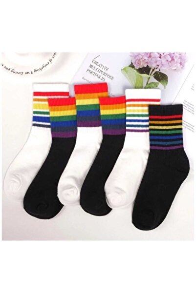 HAYEL 6Çift Renkli Gökküşağı Çizgili Kadın Kolej Tenis Çorabı