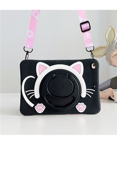 TEKNETSTORE Galaxy Tab A9 Plus 11Inch - Black Cat Pattern Children's Case with Strap and Fun Characters