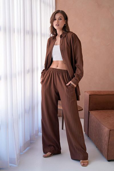 minaaise Women's Coffee Self-Line Pattern Wide Cut Tunic Shirt and Pants Bottom/Top Suit 29022