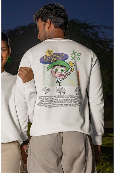 Fuddy Moda Unisex Oversize Cosmo Back Printed Crew Neck Hoodless Couple Sweatshirt