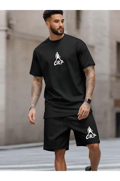 DEEPSENCE طقم شورت وتي شيرت أسود للرجال - طقم مطبوع بتصميم cr7 مكون من قطعتين