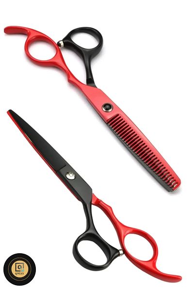 QNİAY 5-Piece Leather with Carry Bag Red-Black Intermediate and Flat Scissors Set 6.5Inch Barber Prof Hairdresser Cut Set