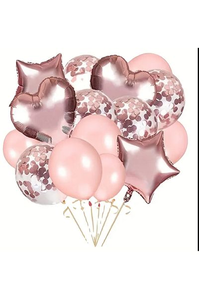 Çemrek Süs Parti Rosegold Star Heart Foil Balloon and 12-Inch Latex Balloon Set 14 Pieces