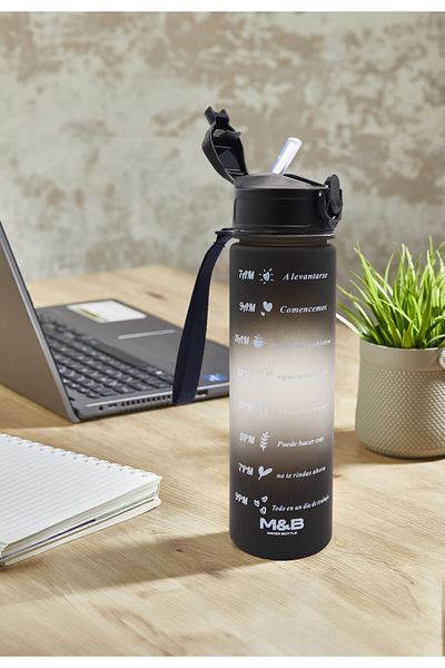 M&B WATER BOTTLE مجموعة تحفيزية مكونة من 3 قطع - زجاجة مياه سوداء خالية من مادة BPA وزجاجة مياه وزجاجة مياه