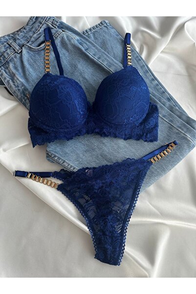Gold Night Kadın Mavi Dantelli Zincir Detaylı Balenli Destekli Dolgulu Sütyen Takımı Iç Çamaşırı Takımı