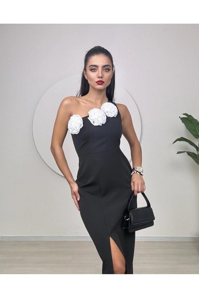 Glysso Special Design Rose Detailed Black One Shoulder Dress with Slit