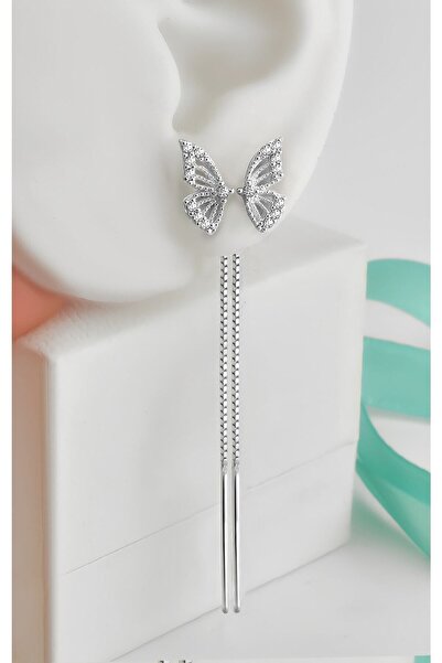 jelux silver Gümüş 925 Ayar Rodyumlu Kelebek Model Zirlon Taşlı Zincirli Küpe
