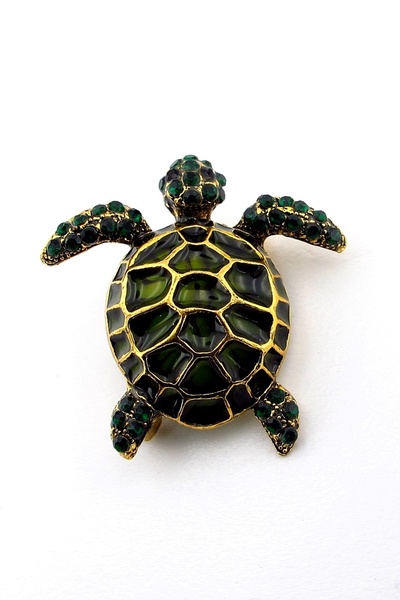Solfera Deniz Kaplumbağası Yeşil Zirkon Taşlı Metal Rozet Broş RZ311