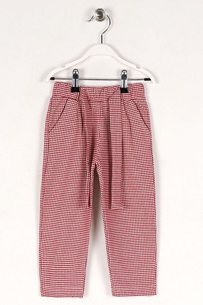 zepkids Plaid Patterned Red Girl's Trousers with Belted Waistband