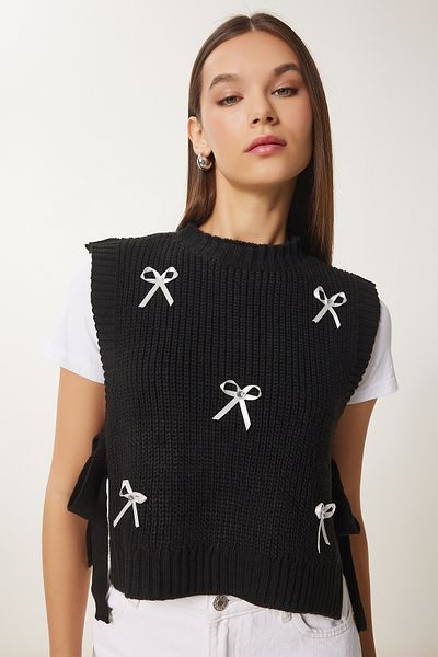 Lovelyİstanbul Black Crop Knitwear Sweater - Bow Detail, Tie Lmt0025