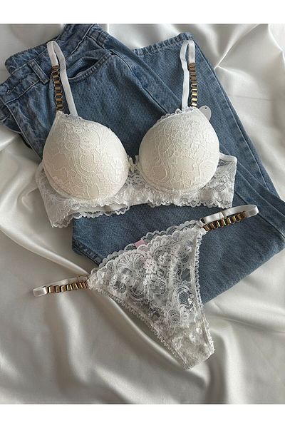 Beyaz Gelincik Underwear Γυναικείο Σετ Εσώρουχα με λεπτομέρεια αλυσίδας με λευκή δαντέλα