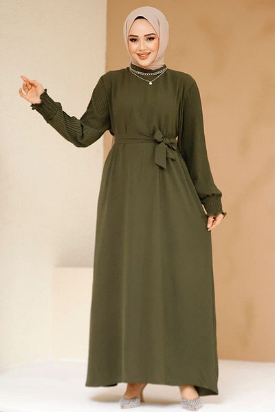 Neva Style فستان حجاب كاكي بأكمام مطوية 10124HK