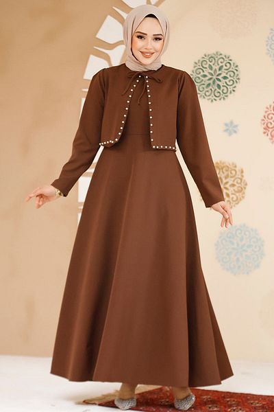 Neva Style Brown Hijab Dress and Jacket Detailed Double Suit - 61462Kh