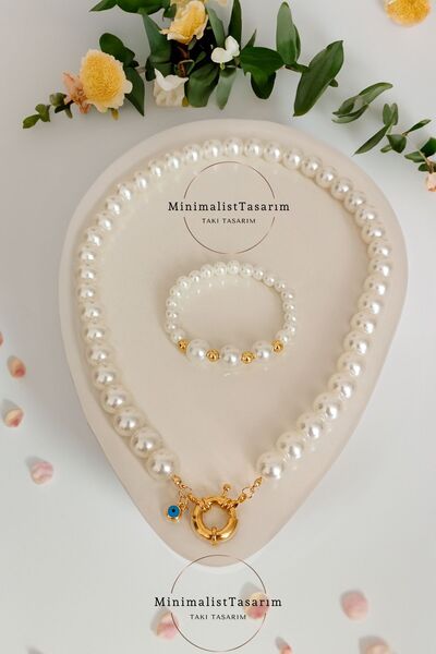 MinimalistTasarım Altın Takılan Kolye ,gemici Kilitli Inci Kolye, Çeyrekli Kolye Gemici Kilitli Kolye, Inci Kolye