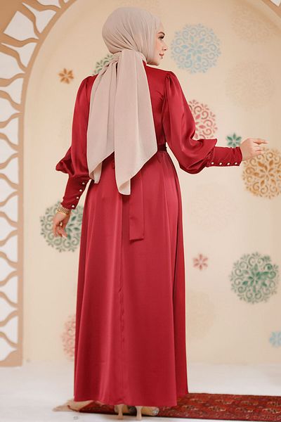 Neva Style Satin Burgundy Hijab Evening Dress 61651Br