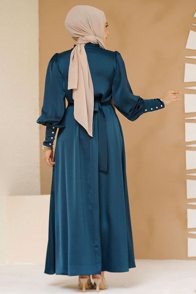 Neva Style Satin Petrol Green Hijab Evening Dress 61651Py