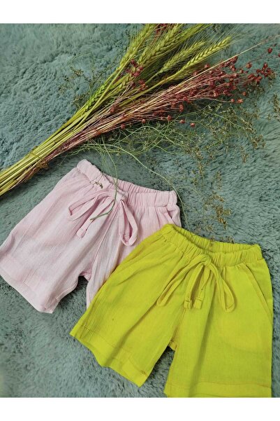 Butik Kız Çocuk İkili Şile Bezi Pamuklu Cepli (Pembe, Sarı) Şort