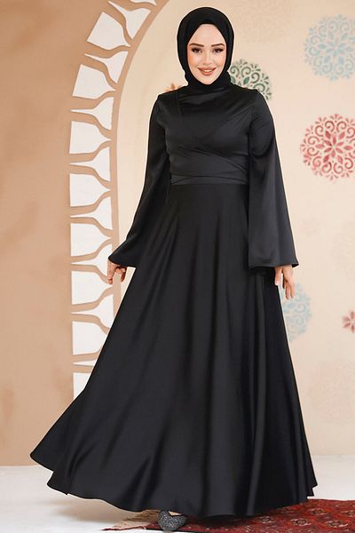 Neva Style Black Satin Hijab Evening Dress 6157S
