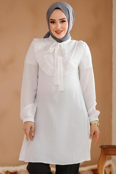 Neva Style Tunica hijab albă cu detaliu cu volan 6682B