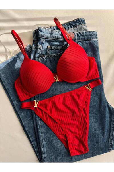 Gold Night طقم ملابس داخلية مميز لرأس السنة الجديدة، طقم ملابس داخلية مخطط باللون الأحمر على شكل حرف V