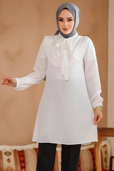 Neva Style Tunica hijab albă cu detaliu cu volan 6682B
