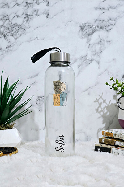 GUPSE Kişiye Özel Woman Line  Art Tasarımlı Cam Su Şişesi & Matara Siyah Kılı...