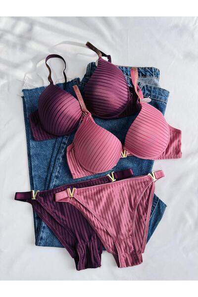Gold Night Set de sutien cu sârmă, model în V, cu dungi, mov, Dusty Rose Ston...
