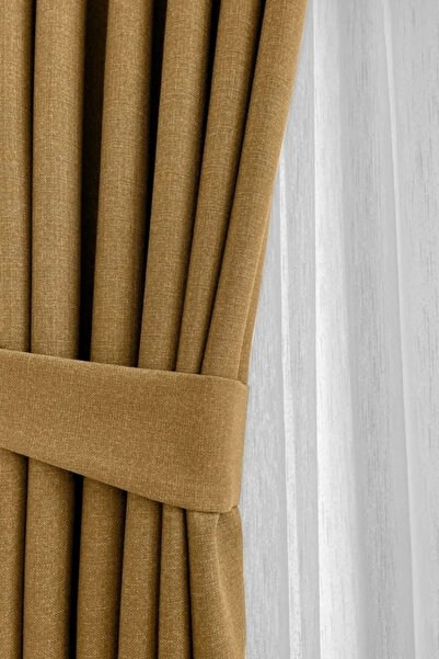 Özgün Perde Hardal Şık Doğal Keten Fon Perde - Tek Kanat ve Bağlama Koluyla B...