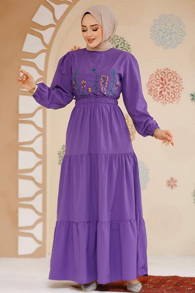 Neva Style Rochie Hijab Mov cu Motiv Broderie 7063MOR
