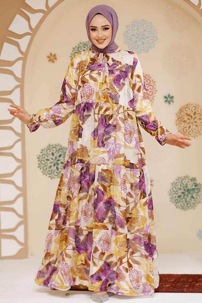 Neva Style Rochie din șifon hijab liliac - cu model floral, nr. model: 23604LILA
