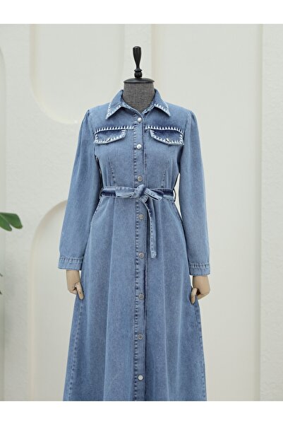 Modamorfo Μπλε τζιν φόρεμα - με λεπτομέρεια κεντήματος και ζώνη