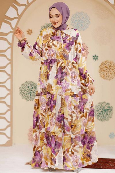 Neva Style Rochie din șifon hijab liliac - cu model floral, nr. model: 23604LILA