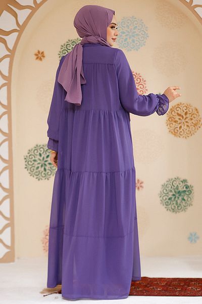 Neva Style Dark Lilac Hijab Pleated Chiffon Dress - 23601Klila