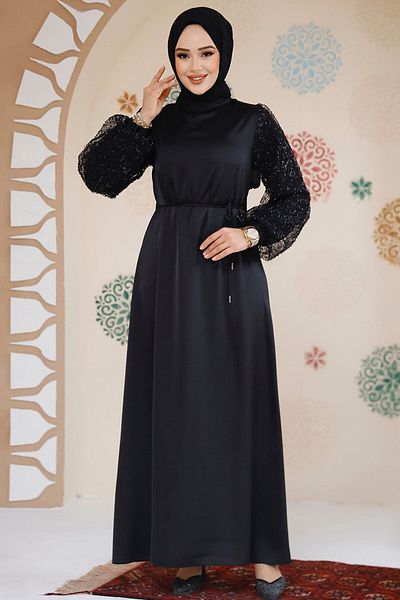 Neva Style Balloon Sleeve Black Hijab Evening Dress 61671S