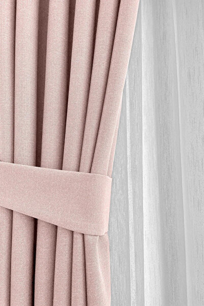 Özgün Perde Pudra Şık Doğal Keten Fon Perde - Tek Kanat ve Bağlama Koluyla Be...