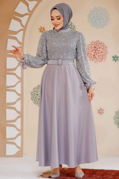 Neva Style Beading Embroidered Grey Satin Hijab Evening Dress 6176Gr