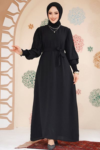 Neva Style Rochie neagră cu mâneci plisate 10124S