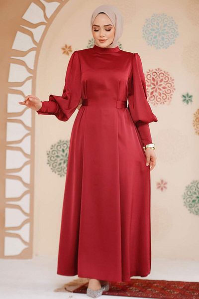 Neva Style Satin Burgundy Hijab Evening Dress 61651Br