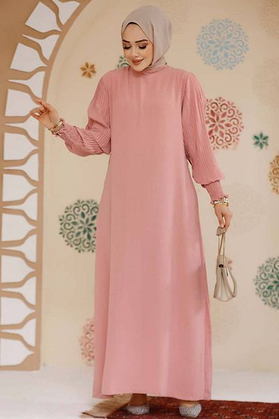 Neva Style Powder Hijab Dress with Pleated Sleeves 10124Pd