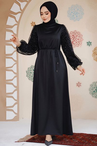 Neva Style Balloon Sleeve Black Hijab Evening Dress 61671S