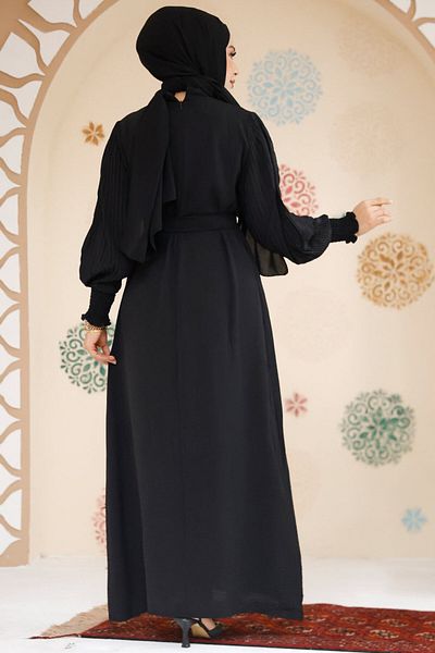 Neva Style Black Hijab Dress with Pleated Sleeves 10124S