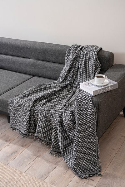 Magu Natural Cotton Black Square Patterned Woven Sofa Cover