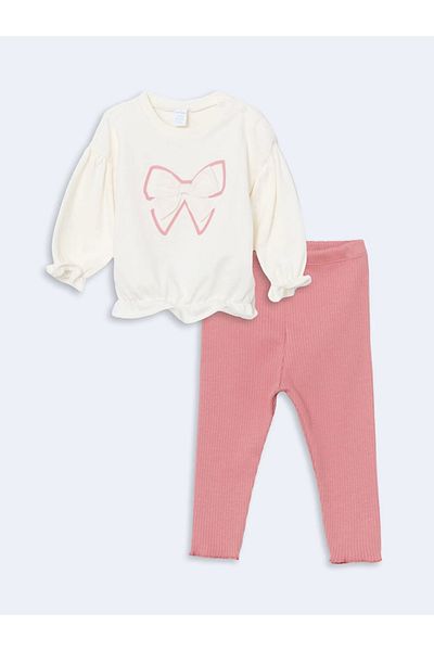 LC Waikiki Lcw Crew Neck Long Sleeve Printed Baby Girl Sweatshirt and Leggings 2 Pieces Set