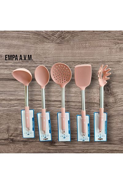 IVORY Set of 5 Silicone Spoons with Steel Handle - Spatula, Colander, Scoop and Pasta Spoon