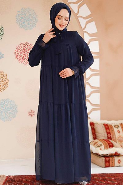 Neva Style Layered Pleated Navy Blue Hijab Chiffon Dress 23601L