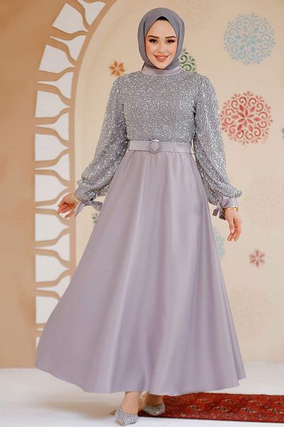 Neva Style Beading Embroidered Grey Satin Hijab Evening Dress 6176Gr