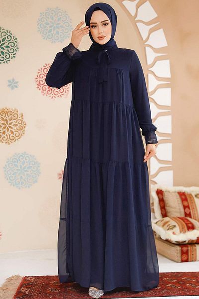 Neva Style Layered Pleated Navy Blue Hijab Chiffon Dress 23601L