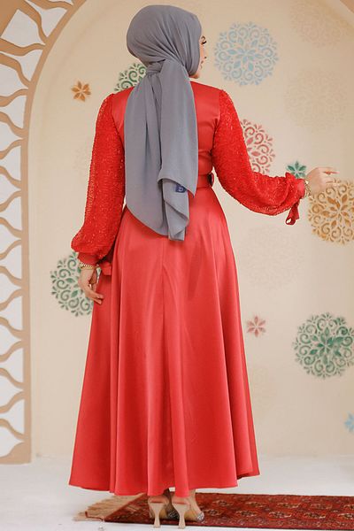 Neva Style Beaded Red Satin Hijab Evening Dress 6176K