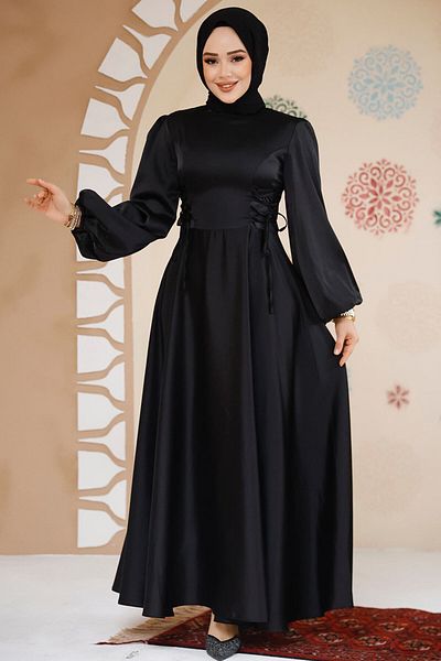 Neva Style Βραδινό φόρεμα με μανίκια μπαλόνι μαύρο σατέν χιτζάμπ 61501s